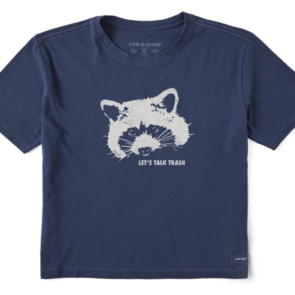 Life Is Good Womens Navy Raccoon Print Graphic Boxy T Shirt Medium Crusher Tee